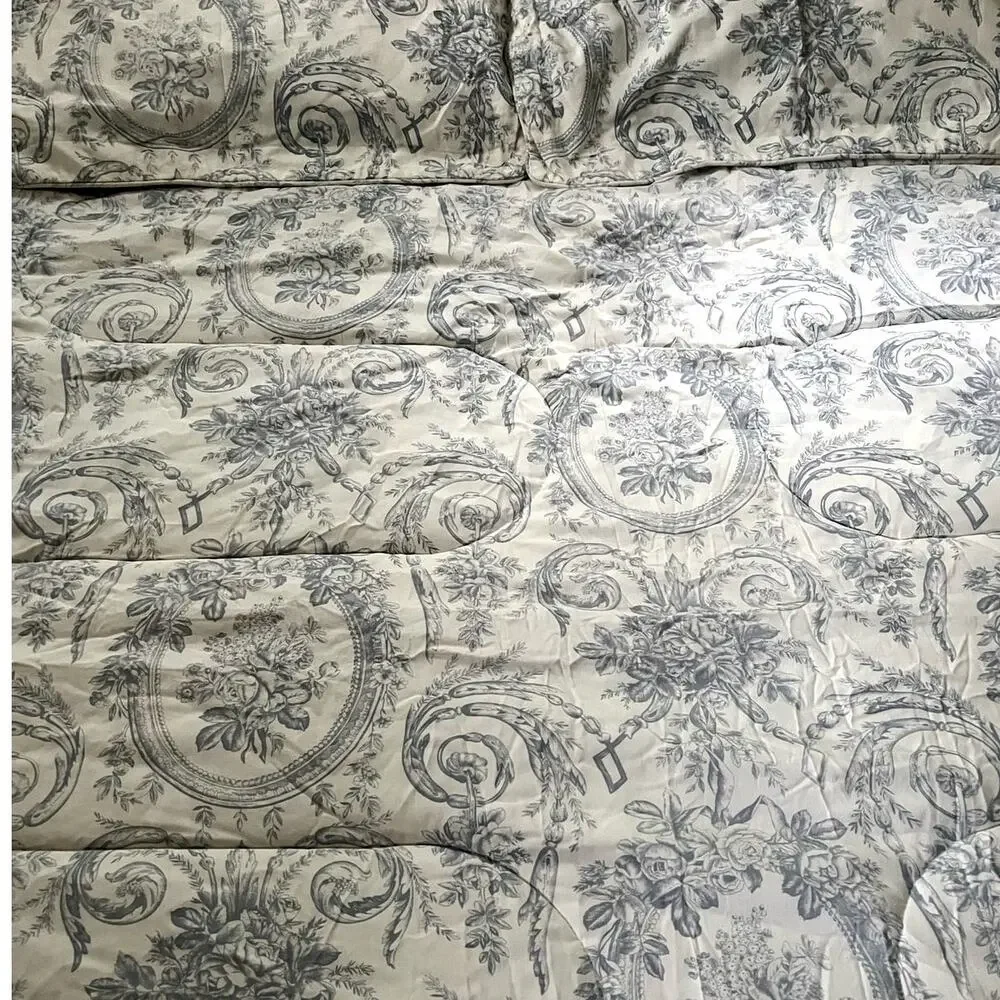 Vintage French country Toile‎ Cream Blue Queen Quilt Comforter Bedspread 2 Shams